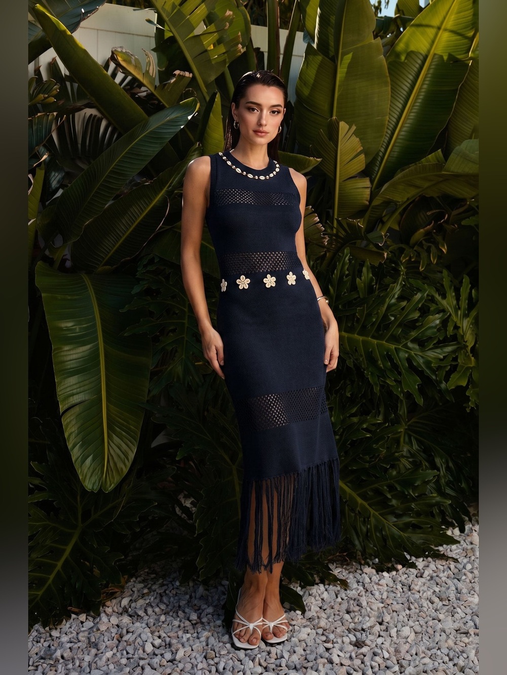 Cowrie Shell Open Knit Fringe Maxi Dress - Able